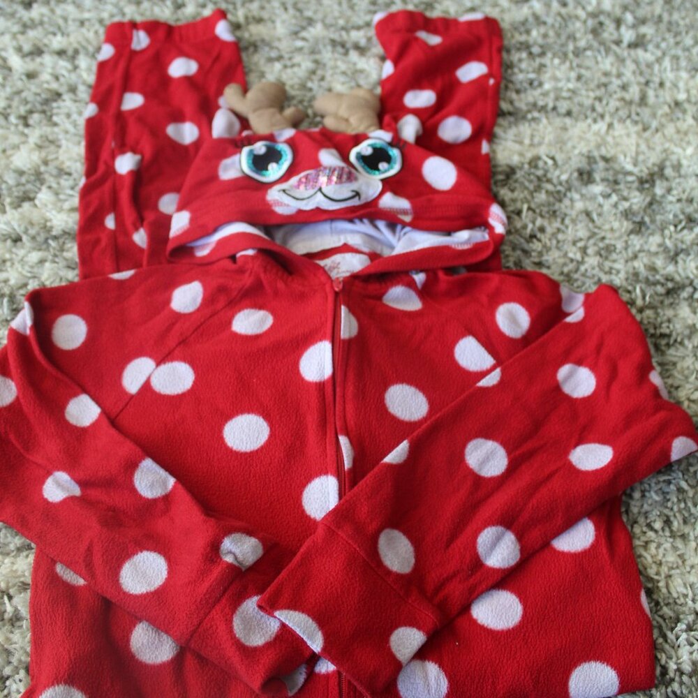 Justice Girls Size 8 One Piece Christmas/Holiday Reindeer Pajamas Red White Dots